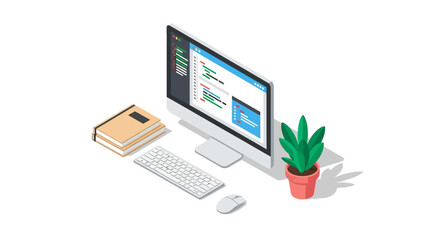 Modern office desk setup with computer, books, and potted plant in isometric style