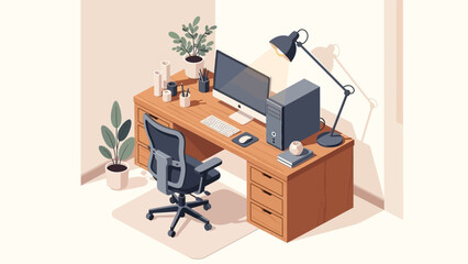 Modern home office desk in isometric style with computer and office chair