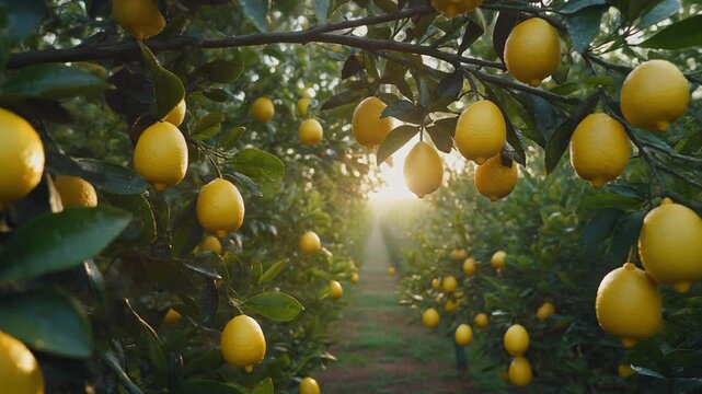 A vibrant lemon grove with ripe yellow lemons hanging from branches, bathed in warm sunlight filtering through the trees, creating a serene path.