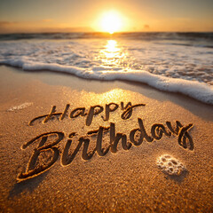 Happy Birthday Etched in Elegant Script into Damp Sand with Golden Peach Glow and Tide Foam Approaching Very Closely &ndash; ideal for birthday celebrations