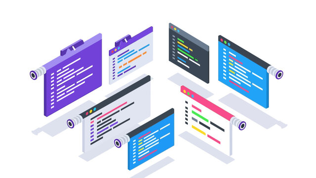 Colorful isometric code editor interface with multiple screen tabs