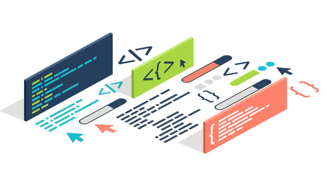Isometric coding interface concept with colorful panels and code elements