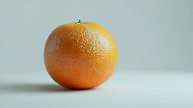The fruit is round and has small dimples with a bright orange color. It sits alone on a white surface.