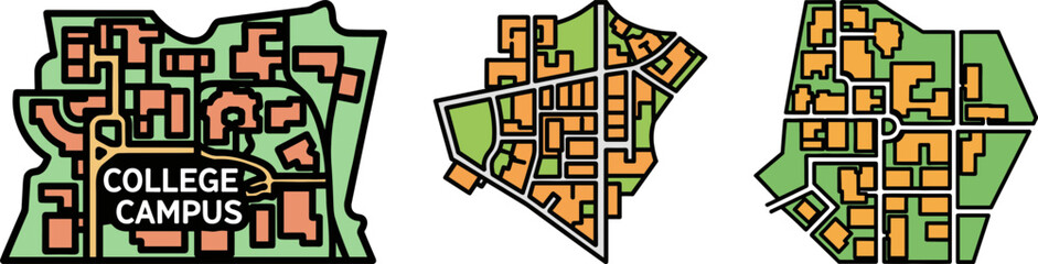 Obraz premium Colorful map illustrations of college campus layouts with pathways and buildings on a black background