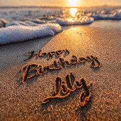Happy Birthday Lily Inscribed in Elegant Script into Damp Sand with Golden Peach Glow and Approaching Tide Foam &ndash; perfect for personalized birthday keepsakes