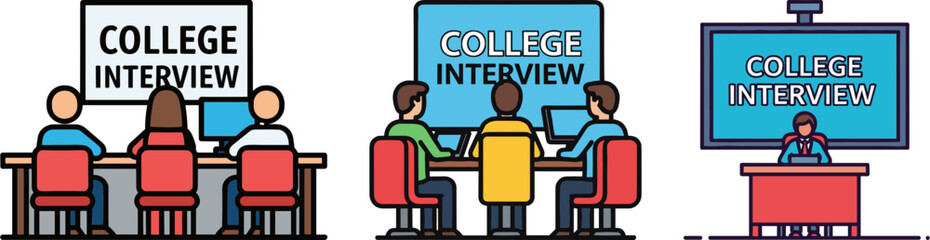 Naklejka premium Group of people participating in a college interview session with screens, in an office setting, colorful illustration on a transparent background
