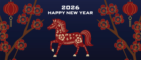 Chinese Lunar New Year 2026 web banner with red horse illustration in traditional Chinese style, festive oriental design with decorative elements on a dark blue background