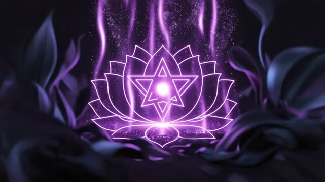 Glowing purple lotus flower with a star in a mystical, dark environment with leaves.