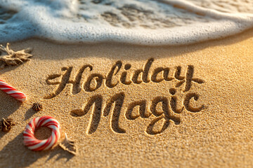 Holiday Magic Carved Neatly into Smooth Sand with Realistic Line Depth, Golden Light and Candy Cane Holly Decoration &ndash; ideal for festive greeting cards
