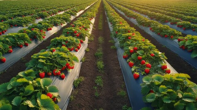 Rows of ripe red strawberries growing in a field under a warm sunset glow, covered with plastic mulch.