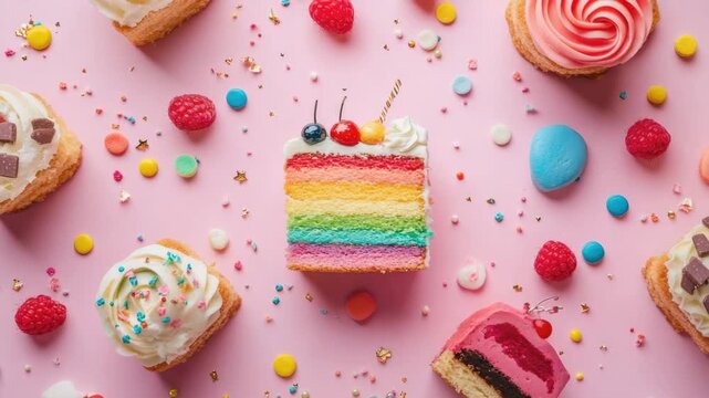 A cake with a rainbow on it is surrounded by other cakes and candies. The cake with the rainbow is cut in half