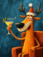 Christmas Holiday Illustration of Happy Deer Drinking a Martini created with Generative AI Technology, ai, generative