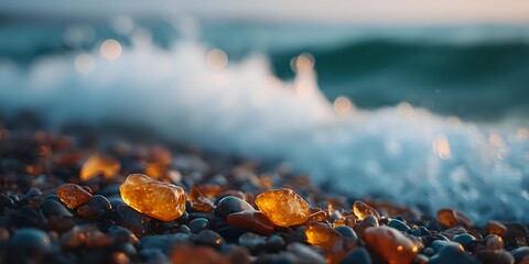 Ocean waves washing over colorful pebbles on beach shore during golden hour sunset creating peaceful coastal scene for relaxation and meditation backgrounds.