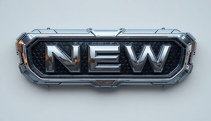 Futuristic chrome emblem with the word NEW.