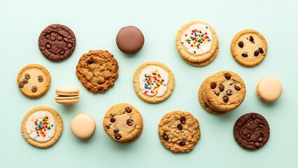 Variety of assorted cookies and macarons on a light green surface top view