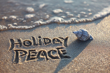Holiday Peace Carved in Thin Hand-Drawn Grooves on Wet Sand with Radiant Sun, Shimmering Tide and Seashell Accent &ndash; great for inspirational wall art
