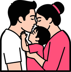 Obraz premium A loving family moment with parents kissing and child holding onto them, set against a solid black background, illustrating affection and togetherness.