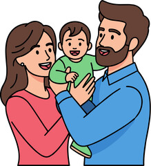 Obraz premium Smiling parents holding their happy baby in a playful moment on a dark background, family love and joy captured in a bright illustration.