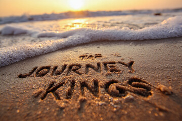 Journey of Kings Carved in Elegant Serif Style into Wet Sand Close-Up with Golden Peach Glow and Approaching Tide Foam &ndash; perfect for cultural celebrations