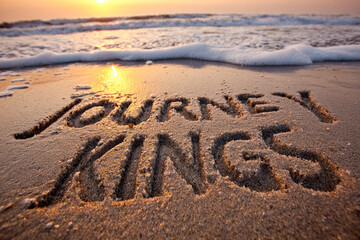 Journey of Kings Etched in Elegant Serif Style into Wet Sand Close-Up with Golden Peach Glow and Approaching Tide Foam &ndash; ideal for inspirational wall art