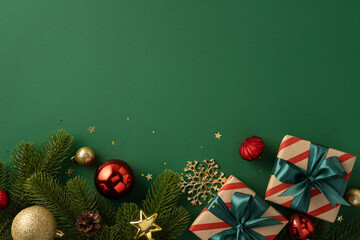 Fototapeta premium Festive christmas gifts and ornaments arranged on a green background with pine branches, gold and red accents, celebrating holiday spirit and New Year greeting imagery