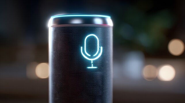 Medium shot capturing a voiceactivated AI assistant device main focus on the glowing microphone icon softly blurred environment illustrating handsfree customer guidance.