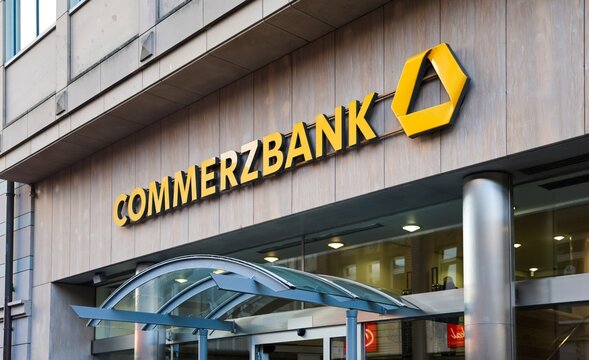 Kiel, Germany - 13. December 2025: Commerzbank building facade displaying brand logo and entrance
