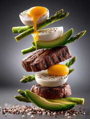 Levitating Steak and Egg Stack with Asparagus and Avocado, created with Generative AI Technology, ai, generative
