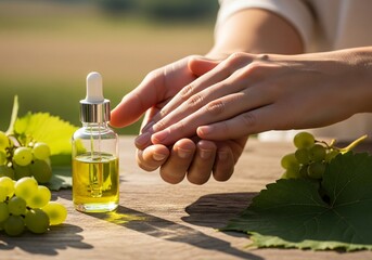 Hands applying grape seed oil with glass dropper 