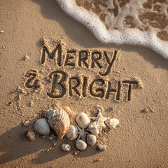 Merry and Bright Hand-Drawn in Damp Sand with Lavender and Dusty Rose Shoreline Glow and Seashell with Stone Accents &ndash; perfect for holiday celebrations