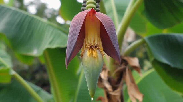 Close-up of a banana flower with large purple bracts and visible yellow stamens hanging from a tree with green leaves in the background, natural light