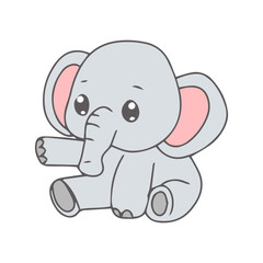Fototapeta premium Adorable cartoon baby elephant sitting with its trunk raised and waving, perfect for children's themes and illustrations