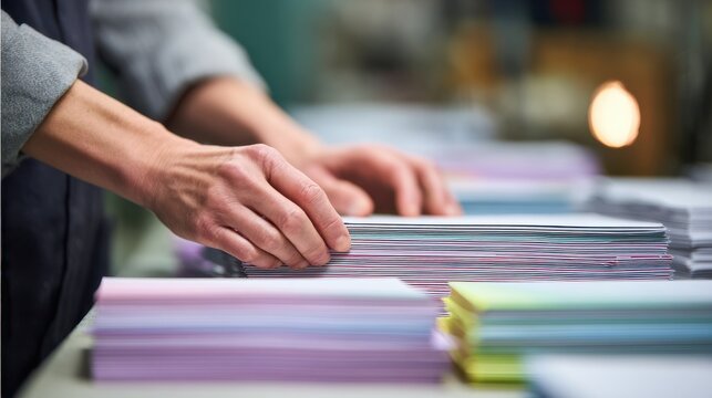 Closeup of hands selecting paper samples to determine the best saddle stitch binding method for a professional brochure assembly.