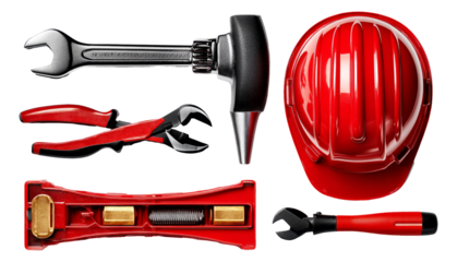 Essential 3D Tools for Workers Featuring Red Plastic Gloss Finish and Safety Helmet