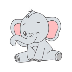 Obraz premium Cute cartoon baby elephant sitting with eyes closed, a whimsical illustration perfect for children's books and decor