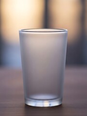 Serene frosted glass tumbler resting on a wooden surface, blurred background