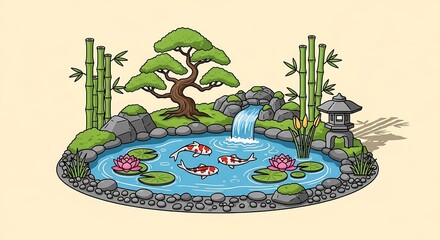 Tranquil koi pond scene, featuring waterfall and ornamental flora backdrop