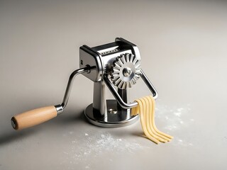 Vintage pasta maker crafting fresh dough on a pristine kitchen counter
