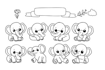 Cute Cartoon Elephants Collection Adorable Baby Elephants in Various Poses, Ideal for Children's Designs and Decorations
