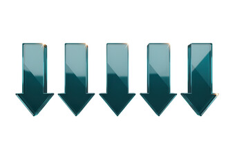 Downward pointing angular markers with a sharp, geometric design and a deep, reflective teal surface, a 3D glassmorphism arrow icon set isolated on white