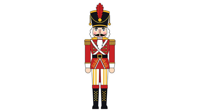 A traditional wooden nutcracker soldier in a red and gold uniform with a tall black hat and feather, standing upright.
