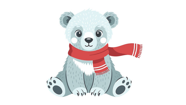 A cute cartoon baby polar bear with light blue-grey fur, wearing a red and white striped scarf, sitting and looking forward.