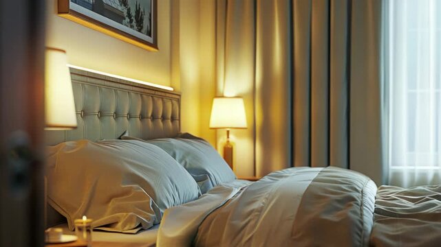 A bed with a white comforter and two pillows. A lamp is on the bed