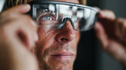 Medium shot of an individual adjusting personalized virtual glasses through an AR mobile app focusing on the facial features and eyewear with a blurred background.