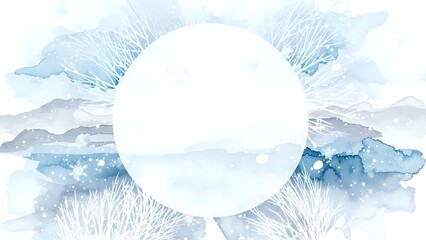 Watercolor winter landscape with snowy mountains and frosted grass around white circle frame for text or logo placement.