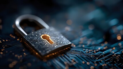 Digital security padlock with glowing keyhole on circuit board representing cybersecurity, data protection and network safety for business technology.