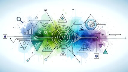 Obraz premium Abstract digital technology background with colorful geometric shapes, circles, triangles and connecting lines for modern business presentations.