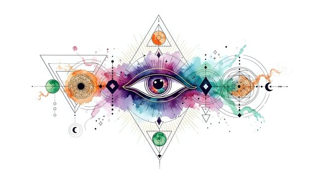 Mystical third eye with sacred geometry triangles, colorful watercolor splashes and cosmic symbols on white background for spiritual design projects.
