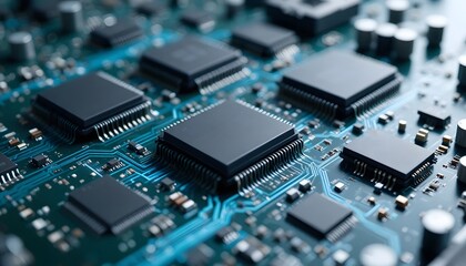 Obraz premium Intricate Electronic Circuit Board with Microchips, Symbolizing Advanced Digital Technology and Computing Innovation