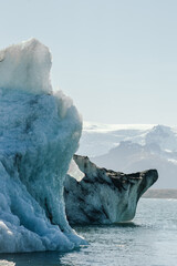 Majestic blue icebergs floating in Jokulsarlon Glacier Lagoon, Iceland, with snow-covered mountains in the background
